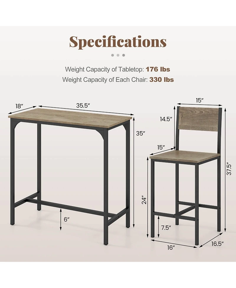 Costway 3 Pcs Bar Table Set Pub Dining Table and 2 Bar Stools with Backrest and Footrest