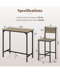Costway 3 Pcs Bar Table Set Pub Dining Table and 2 Bar Stools with Backrest and Footrest