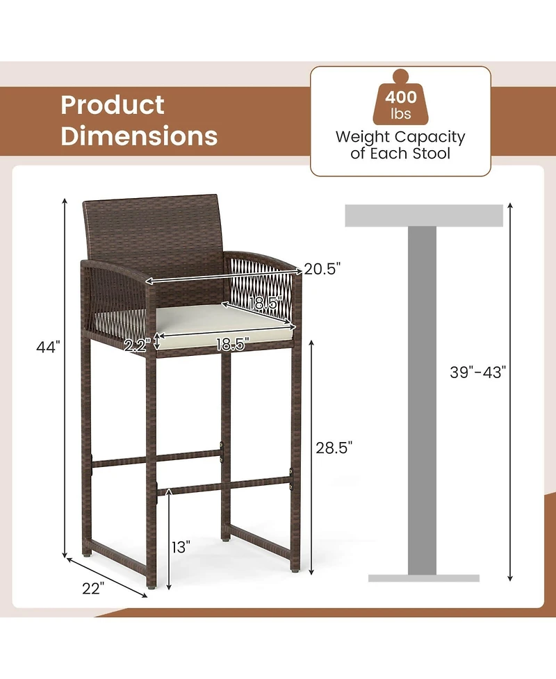 Costway Patio Bar Stools Pe Rattan Height Chairs with Backrests and Armrests