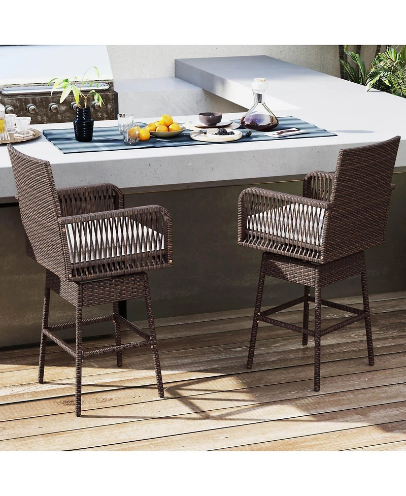 Costway 29" Patio 360degree(s) Swivel Bar Stool with Cross-Woven Armrests Footrest and Seat Cushion
