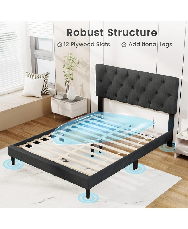 Gouun Full Linen Upholstered Platform Bed Frame with Tufted Headboard
