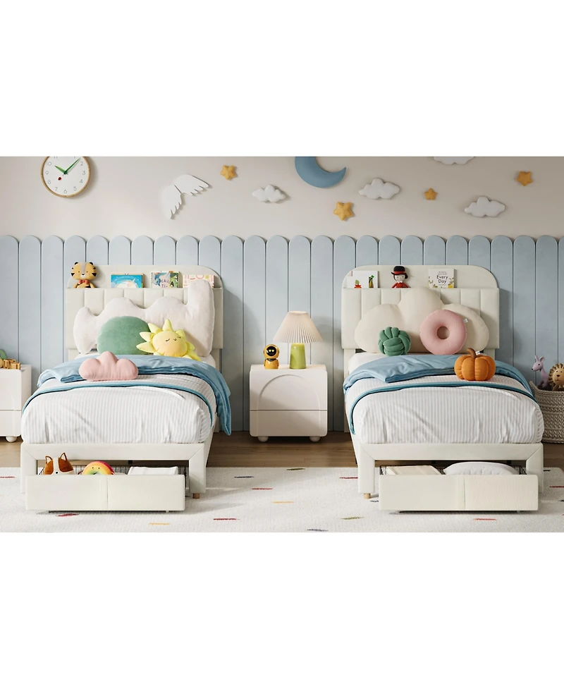 Homfan Soft Upholstered Twin Bed Frame for Kids - Storage Drawer and Bookcase Headboard