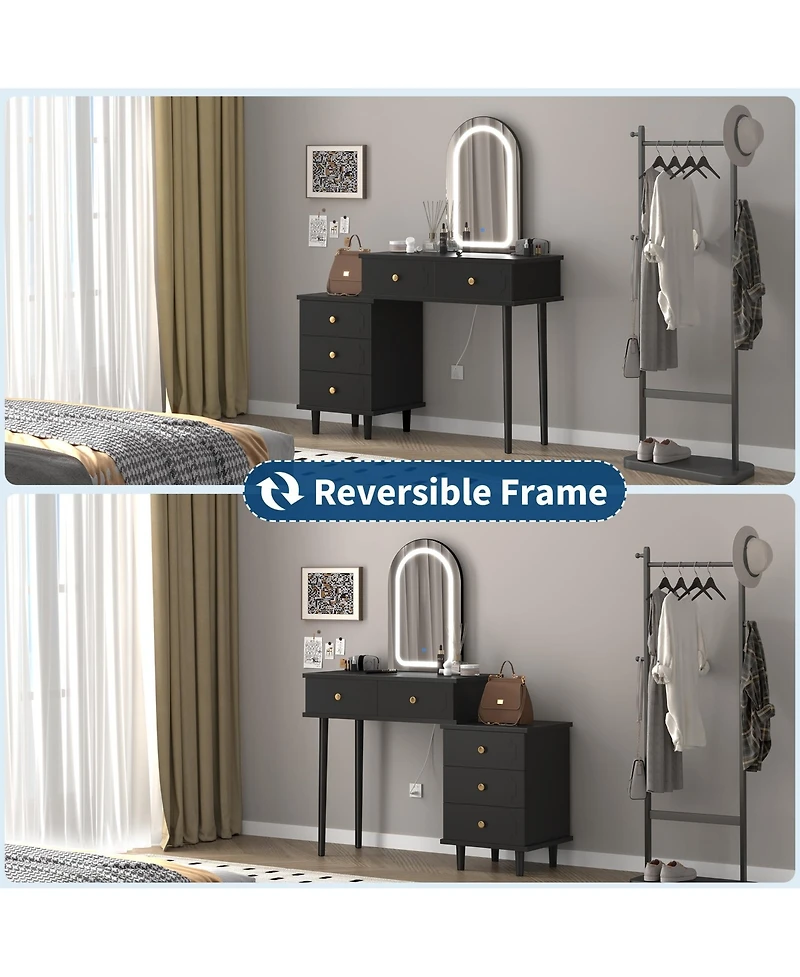 Homfan Makeup Vanity Desk with Mirror and Lights, Modern Table 2 Drawers Adjustable 3-Drawer Cabinet, Wood Dressing for Bedroom