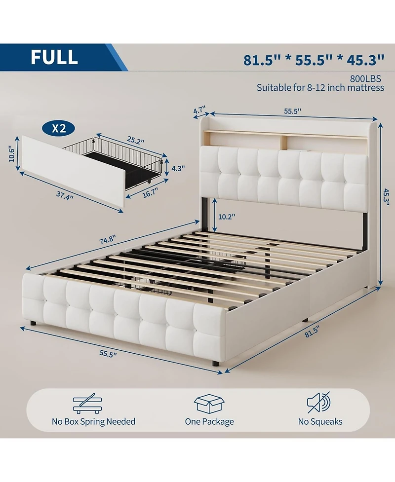 gaomon Bed Frame with Headboard and 2 Storage Drawers, Upholstered Bed Frame with Led Light, Modern Soft Bed with Charging Socket