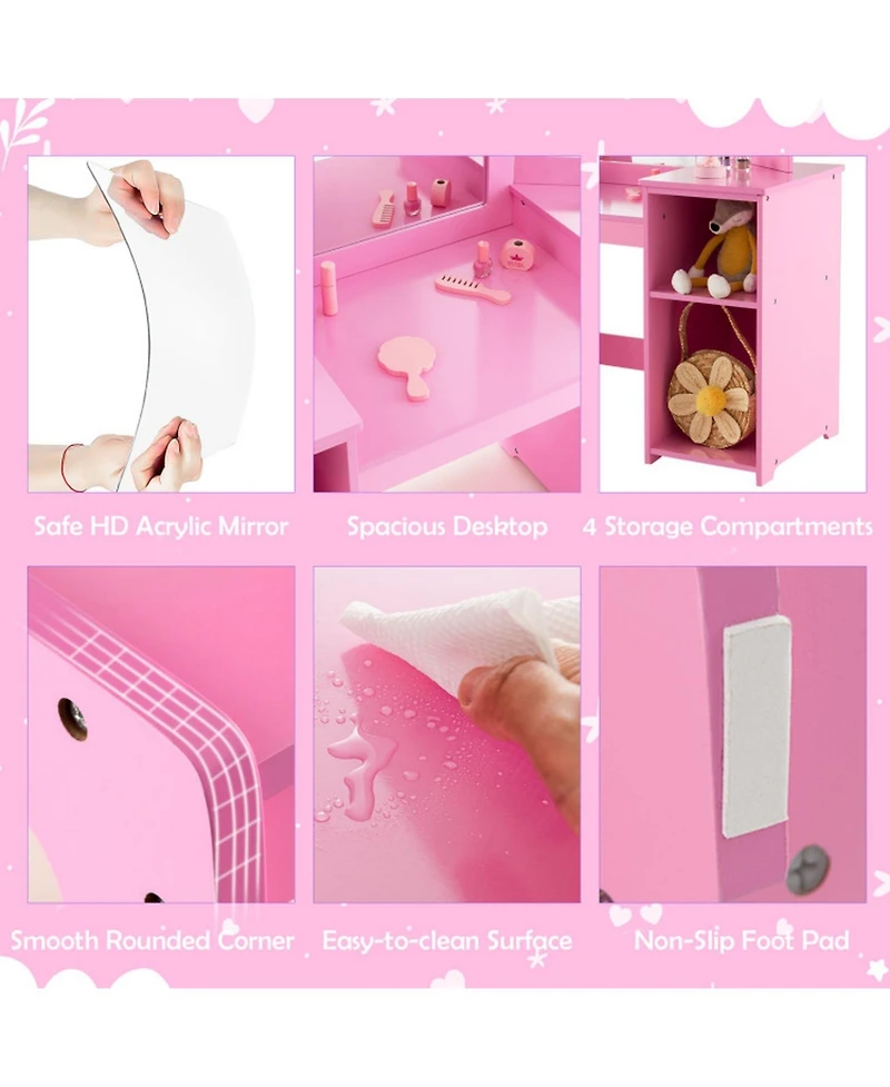 Gouun Kids Vanity Set with Tri-Folding Acrylic Mirror, 4 Storage Cubbies and High-Back Chair