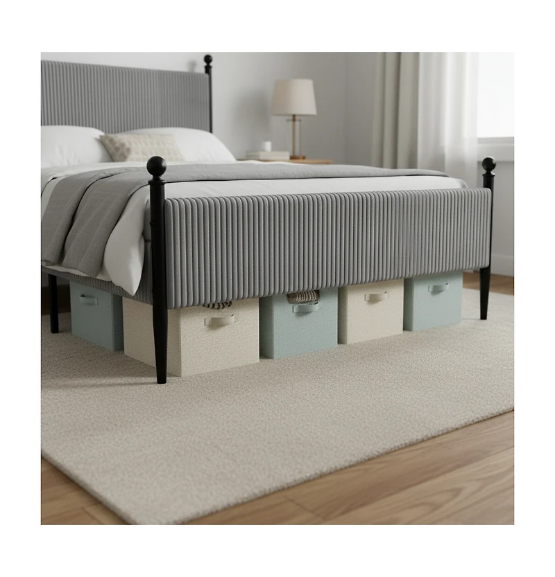 Homfan Modern Corduroy Upholstered Bed Frame with Vertical Striped Headboard, Wooden Slats, Metal Legs
