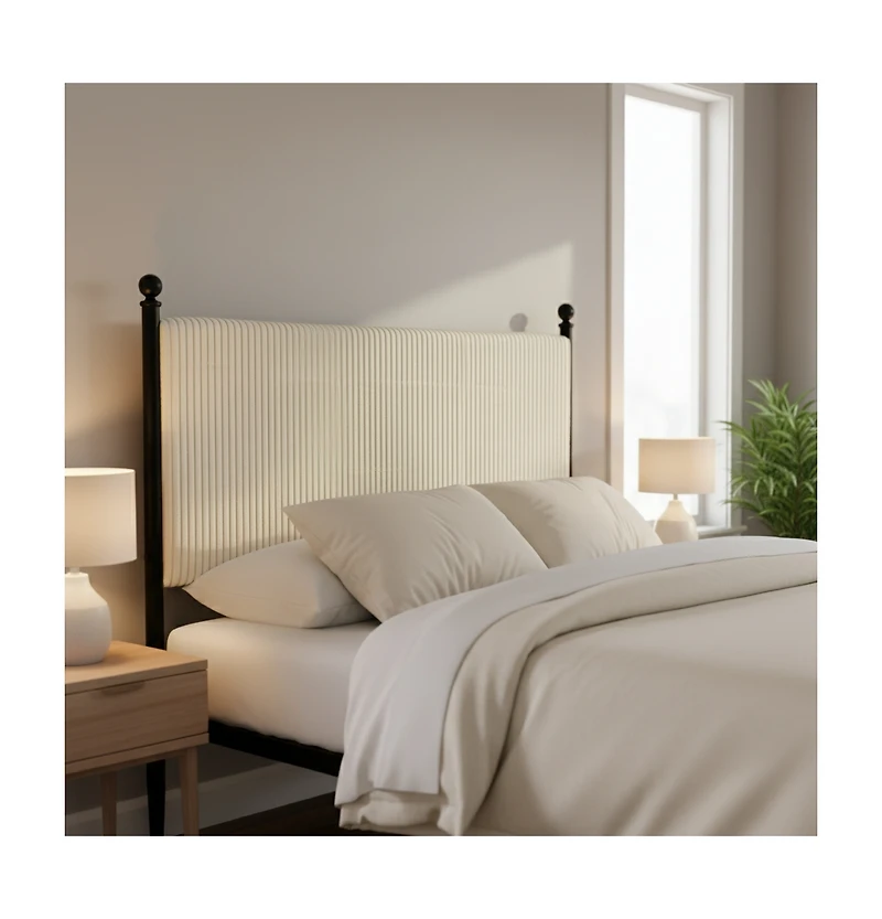 Homfan Modern Corduroy Upholstered Bed Frame with Vertical Striped Headboard, Wooden Slats, Metal Legs