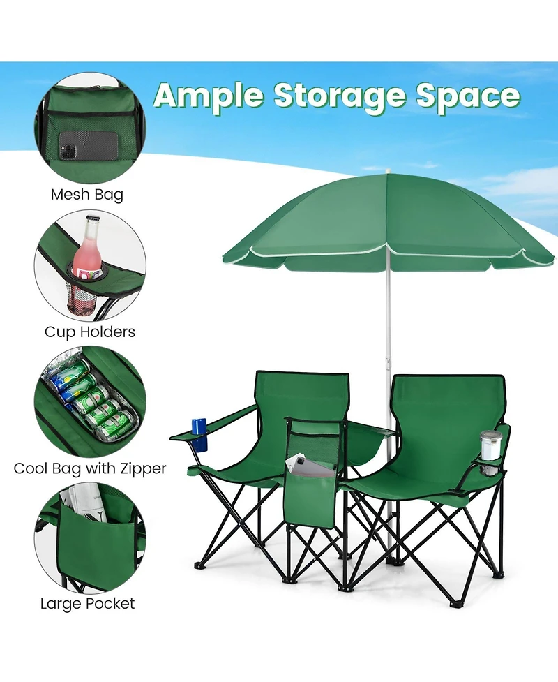 Sugift Portable Folding Picnic Double Chair with Removable Umbrella