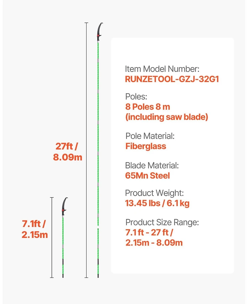 Sugift Manual Pole Saw, 3.87-27 ft, Extendable Tree Pruner, for High Branch Trimming