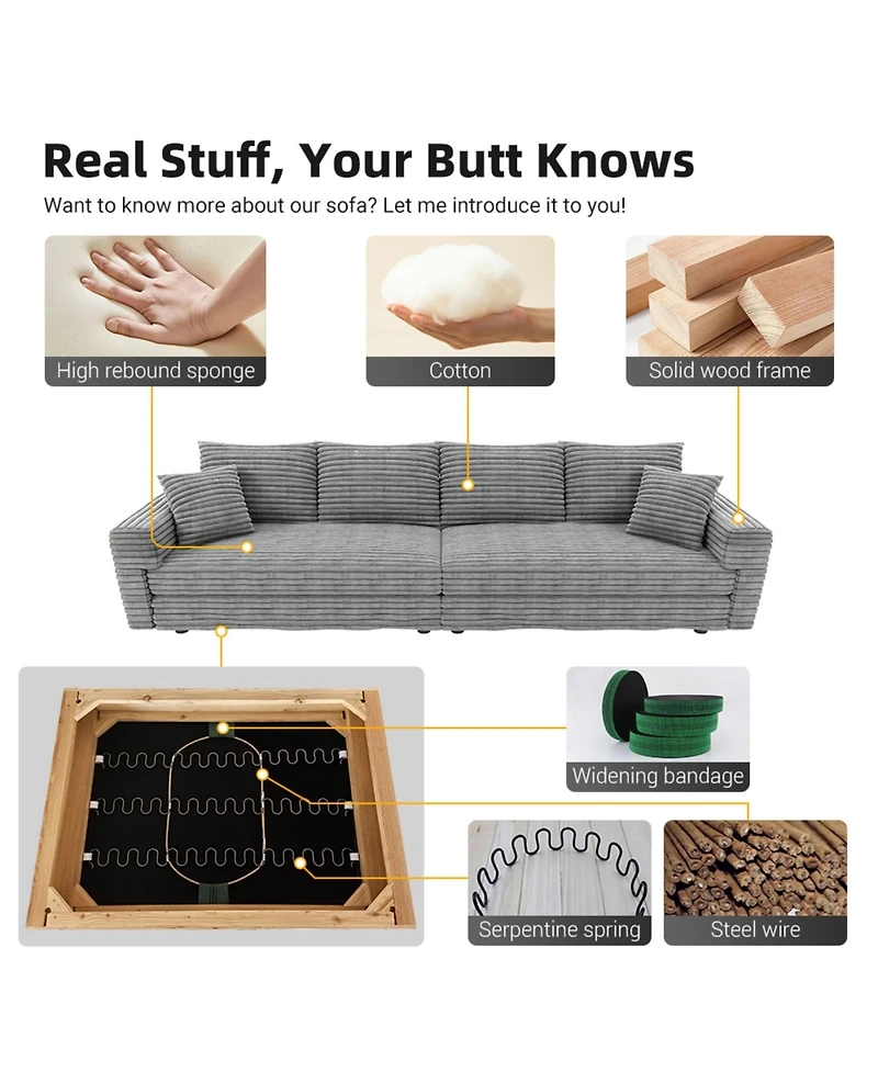 Rainsken 82.7" Corduroy 3-Seater Sofa, Convertible Deep Seat Lounge Couch, Modern Plush Upholstered Sofa with Soft Pillows for Living Room Decor