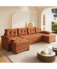 Rainsken 109.5" Convertible U-Shaped Sofa, Oversized Modular Sectional Sleeper with Pull Out Bed, Removable Armrests and Usb Ports for Living Room