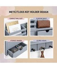Yigii Wall Mounted Key Holder with 2 Drawers 6 Hooks Shelf Mail Organizer Decor