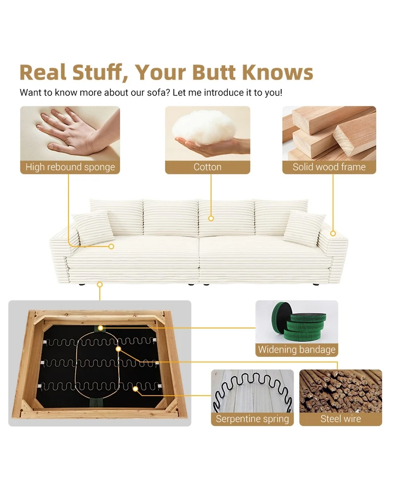 Rainsken 82.7" Corduroy 3-Seat Sofa, Convertible Deep Seat Couch Lounge Chair, Modern Comfy Upholstered Sofa with Soft Pillows for Living Room