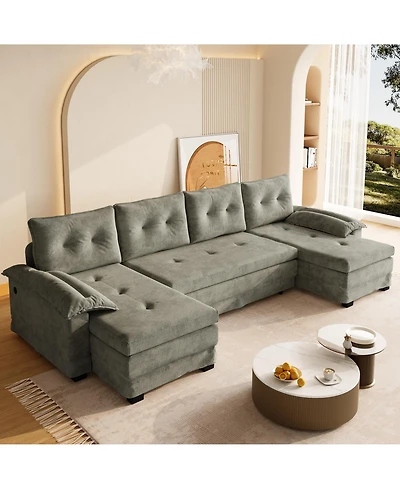 Rainsken Oversized U-Shaped Sofa Bed, Modular Sectional Couch with Pull-Out Sleeping Area, Detachable Armrests and Usb Ports for Living Room