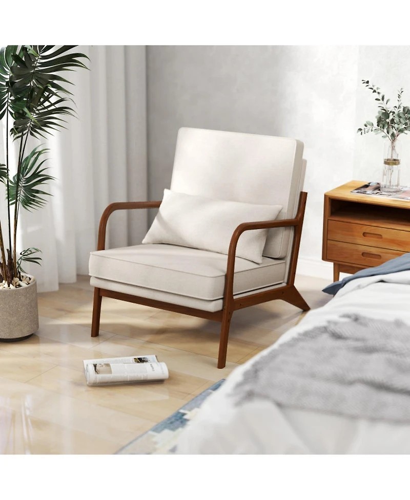 Gouun Modern Accent Chair with Rubber Wood Armrests and Removable Lumbar Pillow