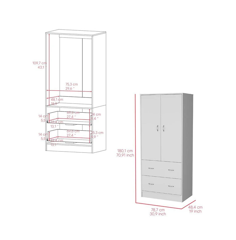 Flynama Edie Armoire White Bedroom Storage Organizer with Clothing Rod Upper Shelf and Lower Drawer