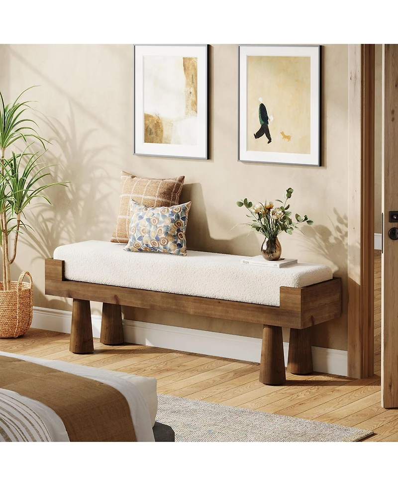 Tribesigns 47.24'' Entryway Bench, End of Bed Bench with Berber Fleece Cushion, Wooden Shoe Bench