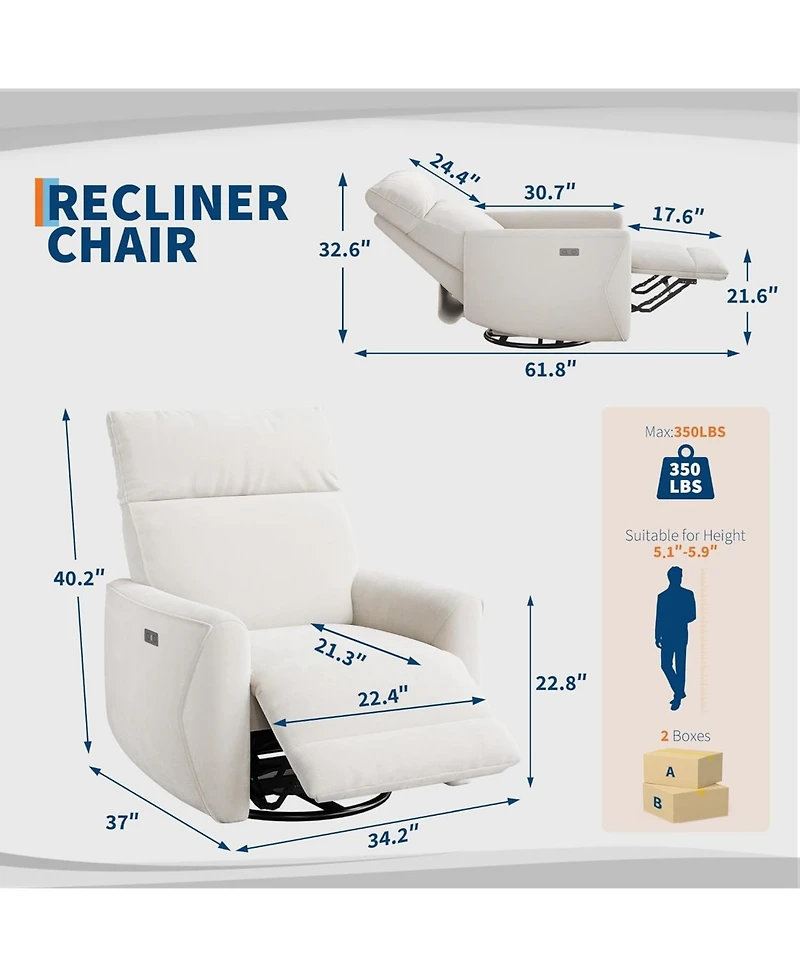 gaomon Power Recliner Chair, Swivel Rocker for Adults, Fabric Glider Recliner, Usb Ports, High Back, Single Sofa