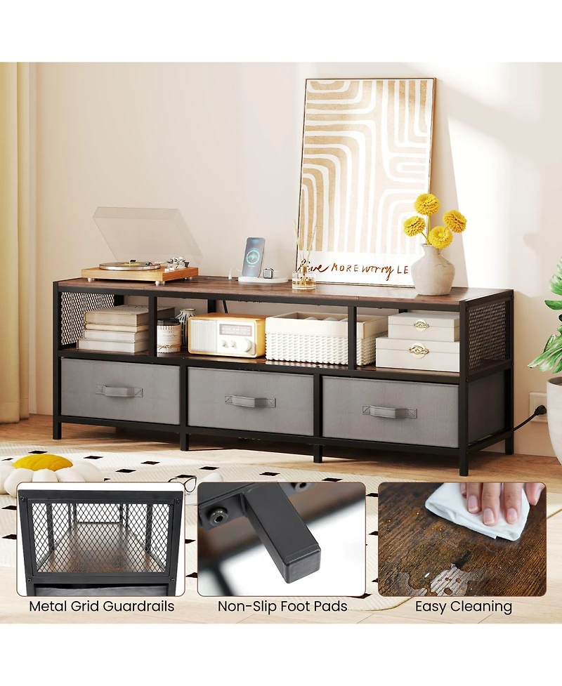 Gouun Industrial 55-Inch Tv Stand with Power Outlets and Fabric Drawers
