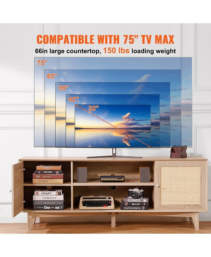 Sugift Rattan Tv Stand, Mid Century Modern, Adjustable Shelfs, with Usb Ports for Living Room