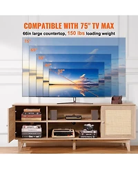 Sugift Rattan Tv Stand, Mid Century Modern, Adjustable Shelfs, with Usb Ports for Living Room