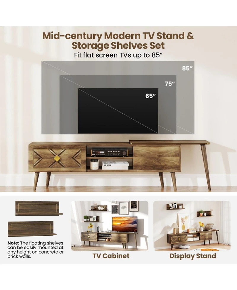 Gouun 75 in Mid-Century Tv Stand with Floating Shelves and Flip Cabinets