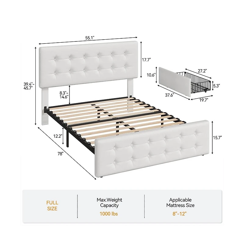 gaomon Noise-Free Full Platform Bed Frame-Upholstered Headboard-4 Storage Drawers-Button Tufted-White