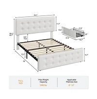 gaomon Noise-Free Full Platform Bed Frame-Upholstered Headboard-4 Storage Drawers-Button Tufted-White