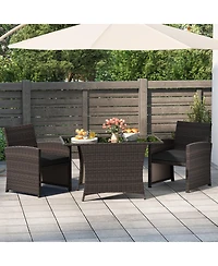 Gouun 3-Piece Patio Wicker Dining Set with Tempered Glass Table and Cushioned Chairs
