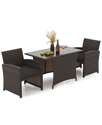 Gouun 3-Piece Patio Wicker Dining Set with Tempered Glass Table and Cushioned Chairs