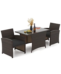 Gouun 3-Piece Patio Wicker Dining Set with Tempered Glass Table and Cushioned Chairs