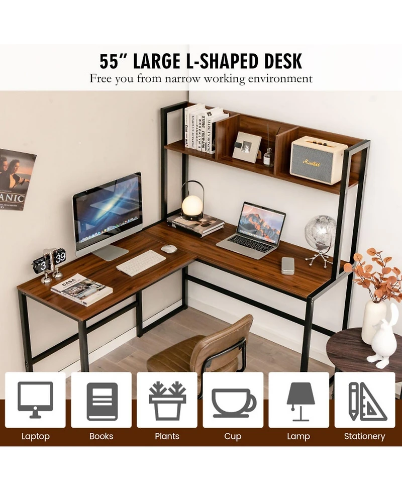 Gouun Reversible L-Shaped Corner Desk with Open Storage Hutch and Footrest Bars