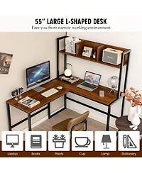 Gouun Reversible L-Shaped Corner Desk with Open Storage Hutch and Footrest Bars
