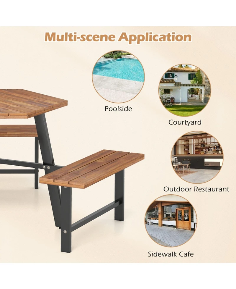 Gouun 6-Person Acacia Wood Picnic Table and 3-Bench Set with Umbrella Hole