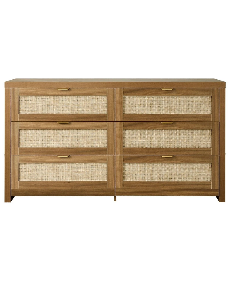 Sugift 6 Drawer Rattan Dresser, Rattan Chest with Metal Handle