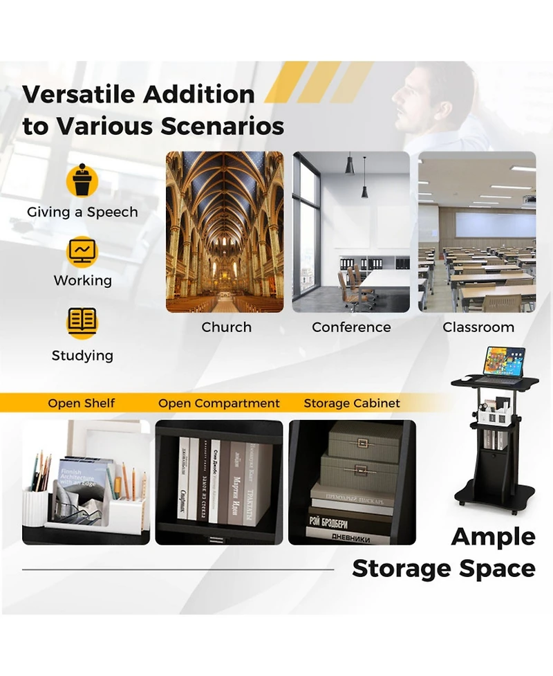Gouun Mobile Standing Desk Cart with Adjustable Tilt Desktop, Cabinet and Open Shelves