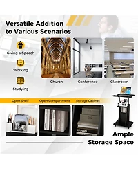 Gouun Mobile Standing Desk Cart with Adjustable Tilt Desktop, Cabinet and Open Shelves