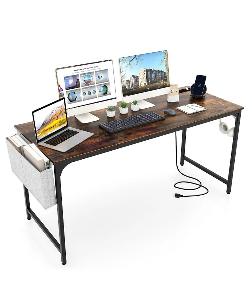 Gouun Computer Desk with Built-In Charging Station, Side Storage Bag and Metal Hook