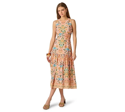 Adrianna Women's Printed Sleeveless Crewneck Petal Trim Midi Dress