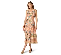 Adrianna Women's Printed Sleeveless Crewneck Petal Trim Midi Dress
