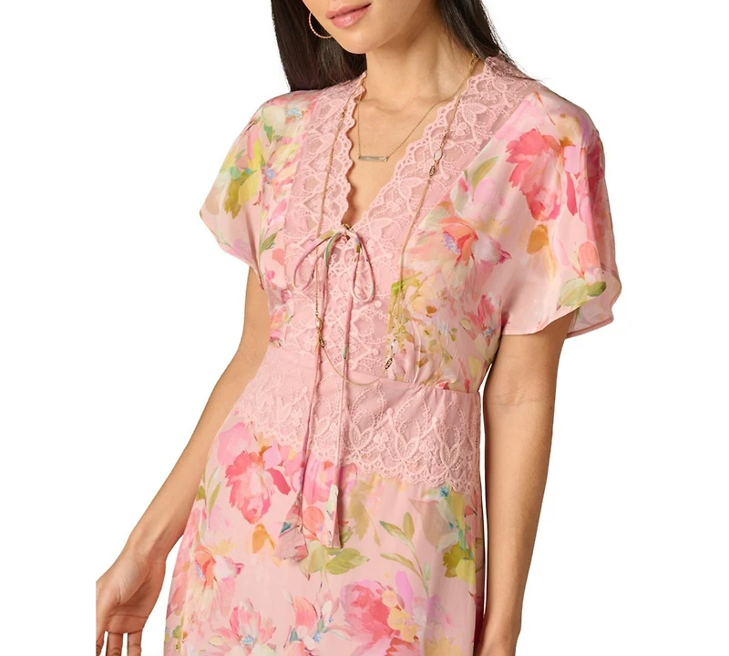 Adrianna Women's Printed V-Neck Lace Trimming Satin Dress