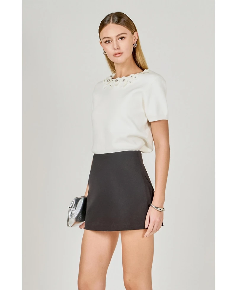 endless rose Women's Floral Detail Short Sleeve Sweater