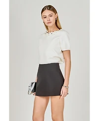 endless rose Women's Floral Detail Short Sleeve Sweater