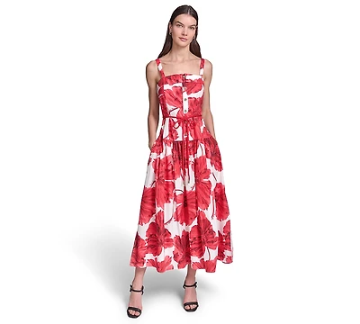 Karl Lagerfeld Paris Women's Printed Cotton Midi with Rope Belt Dress