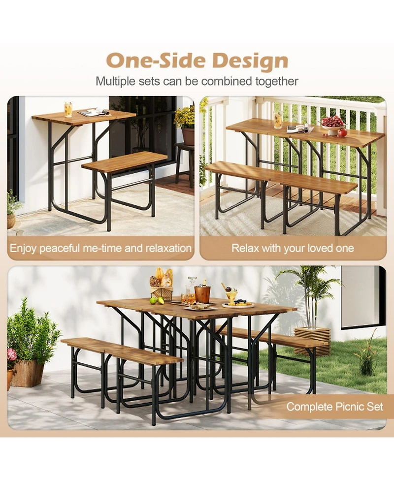 Gouun Acacia Wood Single-Side Patio Table and Bench Set