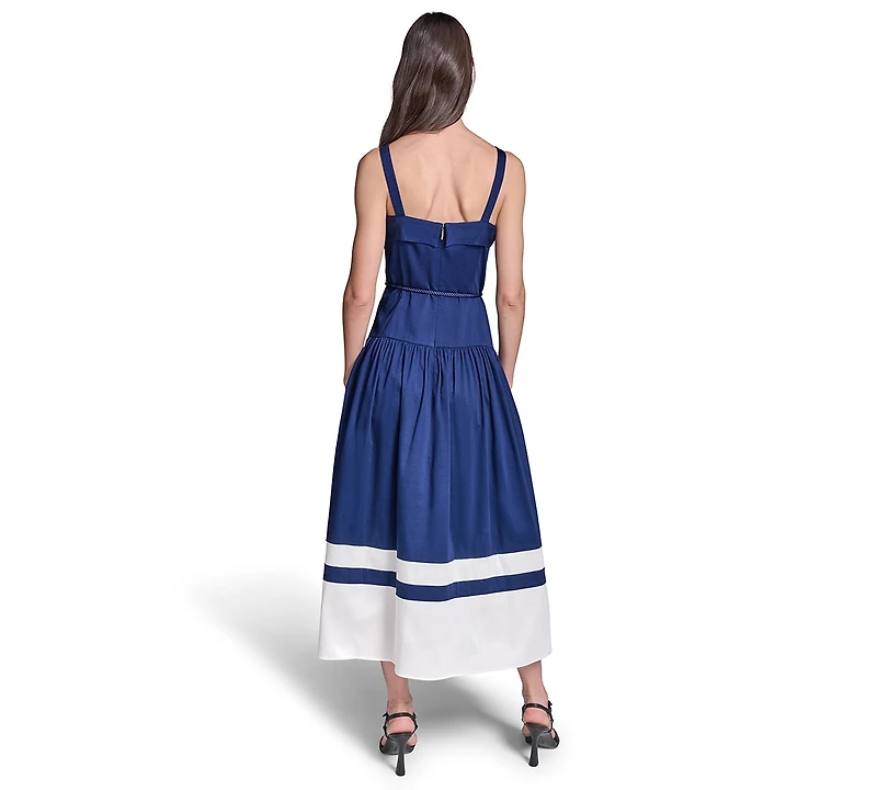 Karl Lagerfeld Paris Women's Cotton Midi with Contrast Border & Rope Tie Belt Dress