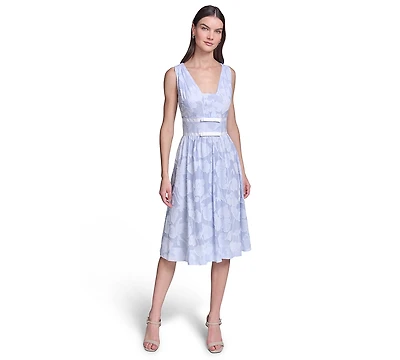 Karl Lagerfeld Paris Women's Floral Burnout Cotton Midi with White Piping Dress
