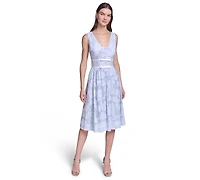 Karl Lagerfeld Paris Women's Floral Burnout Cotton Midi with White Piping Dress
