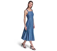 Karl Lagerfeld Paris Women's Chambray Fit & Flare Midi with Bow Pins Dress