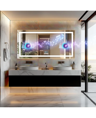 Luvodi 59.4x30.7 inch Colours Wall Mounted Vanity Mirror Bluetooth Speaker Digital Display Front Light Anti Fog for Hotel Bathroom